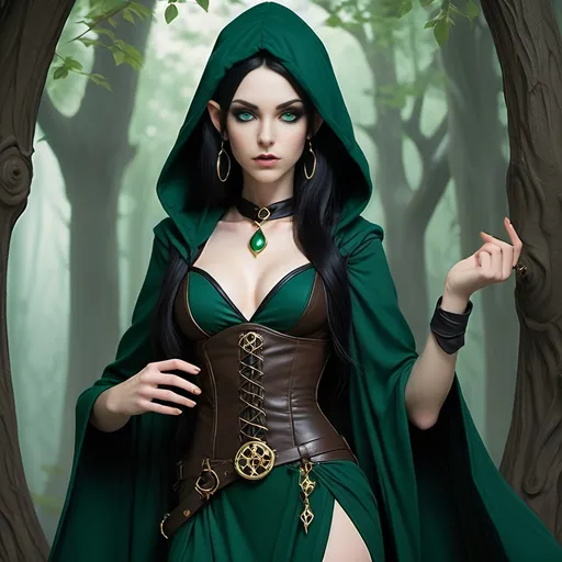 Prompt: [ Jade the Elf Sorceress ]
Woman, petite, slight, pale skin, elven ears, vivid green eyes, long straight waist-length black hair, 5 feet tall, slender, dark teal hooded robe, dark green dress, black leather corset, brown belt, sorceress, gold earrings and jewelry, tan pouches and bundles at waist, gothic, fantasy, high definition, ultra detail, ultra realism, gnarled ancient forest in background, obscured by mists