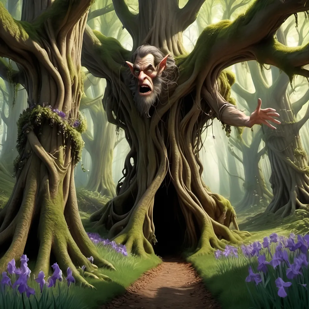 Prompt: Original growth forest, tangled, gnarly, colossal trees, goblin in ragged, ratty clothing, begging for his life!
FELL BURGUNDY IRIS or MOSES CLEAVELAND'S CANTERBURY TALES, page 25!

When faced with the knife 
He pled for his life
And offered to share in his treasure!
He rose with some measure
Yet not out of leisure
Of business and not out of pleasure!

"My life which I treasure
To THIS does not measure!"
(Holding a thing from his pack!)
"Of riches of yore
Of such I abhore
What tattered and leathery scrap?"

What verse did he sing 
As he flaunted his thing
With marks to be held as significant?
What relevance to 'bide
This tattered old hide
Was meaning implied more than figurative?

"A fishwrap it be? 
 Of loins, not to see?"
"Perhaps, but view closer still
For upon this old scrap
There be but a map
To an ancient and treacherous hill!"

Uttered his visage
Through bloody vile grimace
More so, as his socket ran red!
A rogue to the end
Muck's feasance I'd lend
And I could have stayed home and in bed!

Thought Fred as he listened
To the monody of Izzurd
A 'showman' - but to pander a dead horse?
For to buy I would gather
Was horse far too lathered
Or riddled was it with worms 'yond recourse?

A 'song and a dance'
But mere happenstance
Or had Izzurd a genuine item?
The meat does taste good
Know well and I should
The only good reason to buy them!

"What sausage I'd wager
But your life's still in danger
If the 'horse' still has kick, I'll consider!
Kitanjia, do bind him
Lest he sprout extra eyes
For worms I'll bet fester his withers!

Now climb to the top
Don't slip on the rocks
The ascent, 'twould be treachery enough!
Be foolish you may
But you will die today
We'll camp at the top of the bluff!"

#art #love #fairytale #satire #arttimothyburkepoet #beautifulmorning #aiartcommunity #AI #aiart #poetry #poetrycommunity #poetrylovers #poetryisnotdead #poetryofinstagram