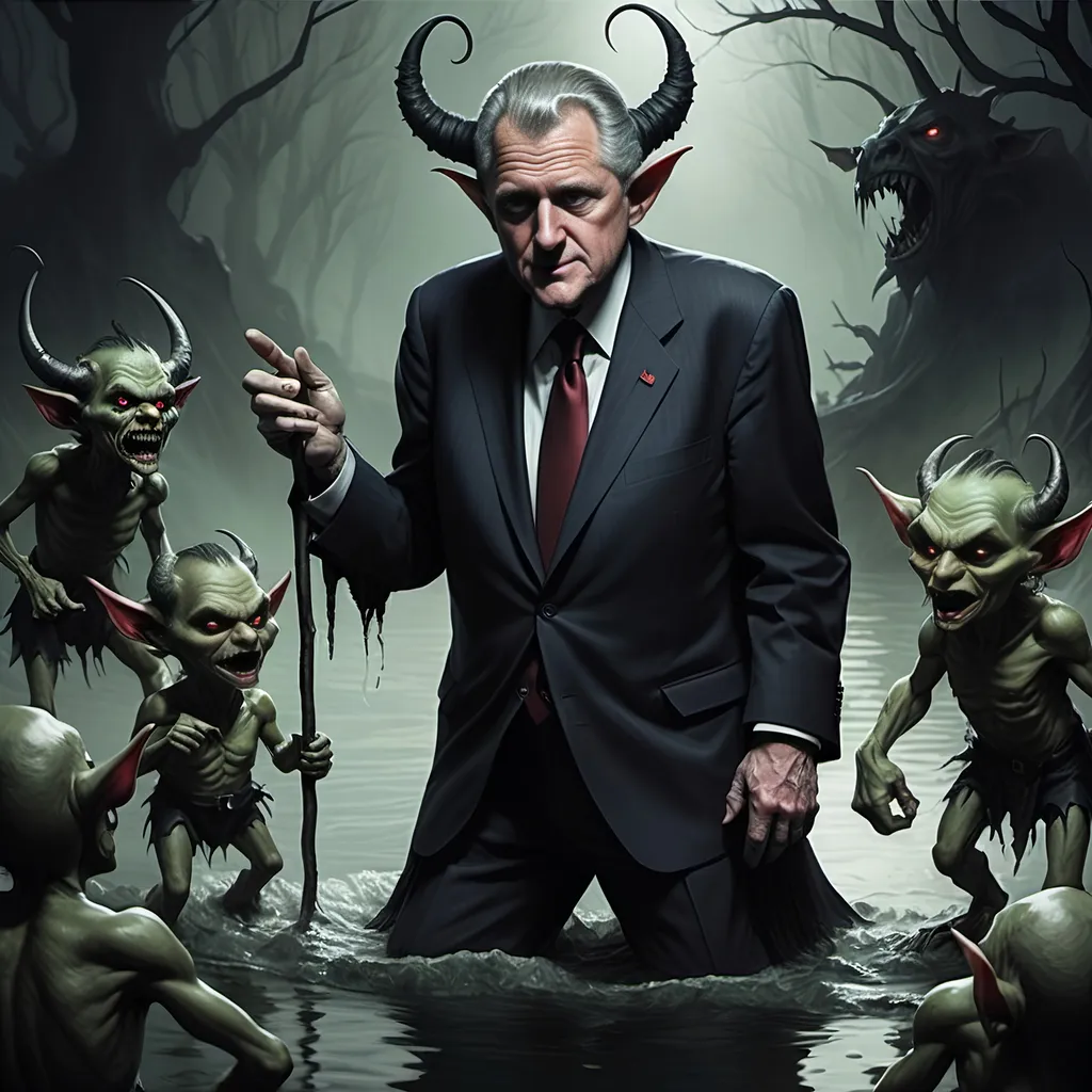 Prompt: River Styx, dark, infernal, gothic, ominous; minor Devil with horns and hooves who resembles Bill Clinton; has a chat with a goblins in ragged, ratty clothing who resembles Richard Nixon.