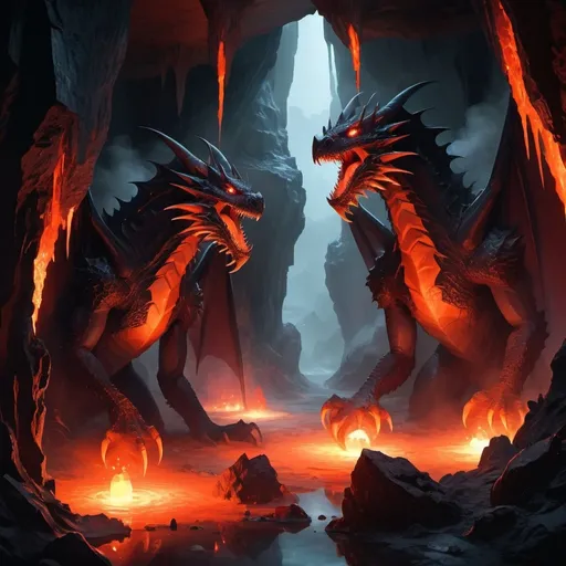 Prompt: Dark cavern, classic fantasy atmosphere, massive chamber lit by distant magma, two young Black Dragons hatchlings voraciously devour their siblings as they hatch from their clutch of seven eggs, stalagmites, columns, stalagtites, soda straws, a crystal formations erupting from the walls, floor, & ceiling, which is so high up it can barely be viewed, the dim red glow of the distant magma reflects from the various facets of the crystal formations as it passes through the steam vents billowing up from below.