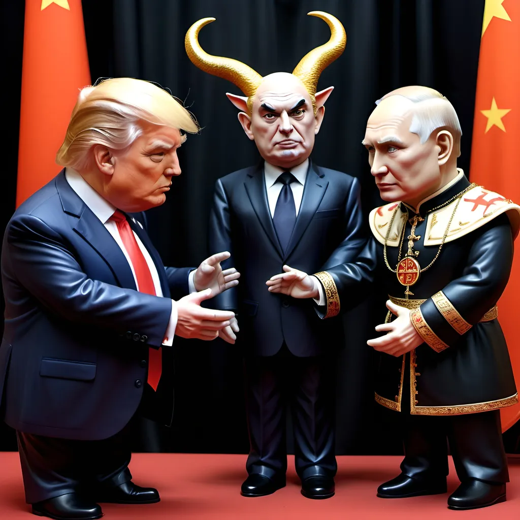 Prompt: Dark,  gothic, demonic, satanic, luciferian; a 'horned Donald Trump puppet on strings' being controlled by a 'horned satan puppet on strings' being controlled by a 'horned pope puppet on strings', being controlled by a 'horned Vladimir Putin puppet on strings', being controlled by Xi of China, who holds ALL THE STRINGS.