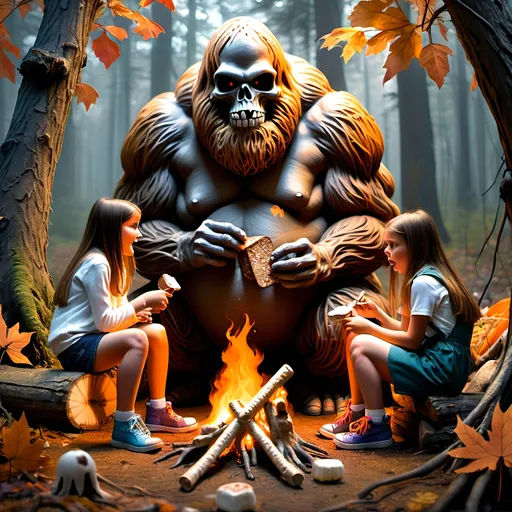 Prompt: Dark, gothic scary, foreboding, menacing, ominous, bright autumn foliage, happy Sasquatch gnawing on a large leg bone next to girl scouts seated at a campfire, toasting marshmallows and eating s'mores, in a twisted and gnarly original growth autumn forest, surrounded by twisted lichen covered roots and giant carnivorous mushrooms and large scary pumpkins with mean faces, ultra detailed, high resolution, gritty realism, boxes of Girl Scout Cookies everywhere!