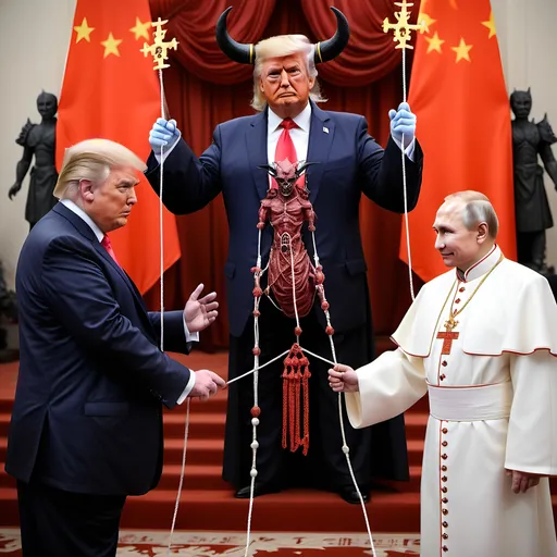 Prompt: Dark,  gothic, demonic, satanic, luciferian; a 'horned Donald Trump puppet on strings' being controlled by a 'horned satan puppet on strings' being controlled by a 'horned pope puppet on strings', being controlled by a 'horned Vladimir Putin puppet on strings', being controlled by Xi of China, who holds ALL THE STRINGS.