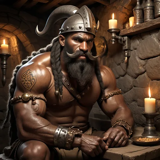 Prompt: [ Grugor the Barbarian ]
In medieval Taverne, lit by candles in wall sconces, stone walls,
Male Barbarian, dark complected African, large moustache, long beard, slight build but well muscled and wiry, agile, horned steel helmet with noseguard, dreadlocks with gold clasps, covered with tribal tattoos, gold earrings, stretched lobes, tall, black leather greaves and spiked gauntlets, brown leather boots with fur fringe at top, gothic, fantasy, longsword and daggers, ultra realism, ultra detail, high definition, friendly but determined expression, intimidating but not menacing, tall and skinny, in Tudor style taverne background,