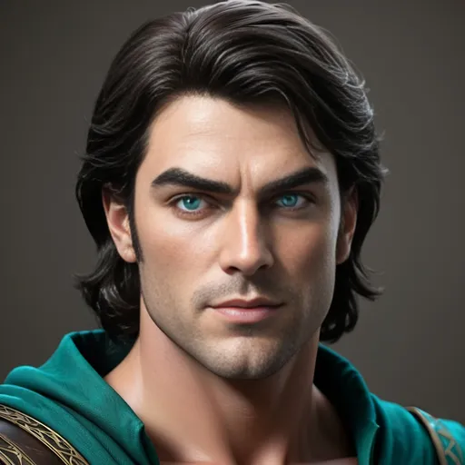 Prompt: [ Derek the Brown or Derek from Towne]
Chevalier, dark hair, pale complected, blue eyes; dressed in green, teal, and black; slight but well muscled, tall, bow & quiver on his back, piercing, attentive eyes, ultra detailed, ultra realism, darkly heroic.
(Resembles Neil Diamond)