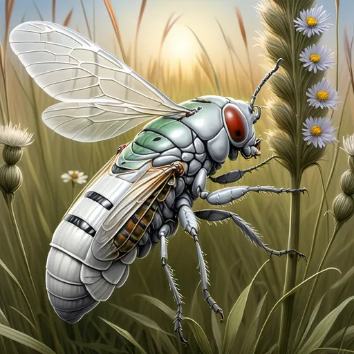 Prompt: In a wild meadow surrounded by tall grasses, briarpatches and wildflowers,
A giant eight foot tall bloated gray-white cicada larva erupting from the ground and rearing on its hind end legs with its proboscis extended, feeding on Armondo's Warhorse, ultra realism, ultra detail, high definition, high resolution, gothic, fantasy,