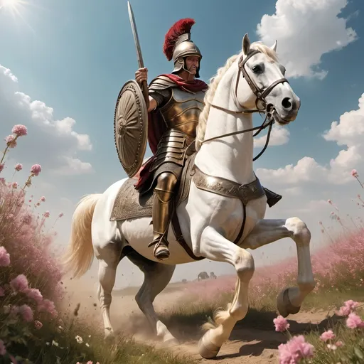 Prompt: General Moses Cleaveland (as an ancient Greek General), wearing (bronze armor) with a (brush top helmet), majestically riding a (white horse), leading a (column of infantry) carrying (swords, spears, shields). Surrounding a (flowering meadow), with (clouds of dust) kicked up from the march, bathed in (afternoon sunshine), creating a vibrant and dramatic scene. The image should be (4K), capturing high detail and cinematic quality.