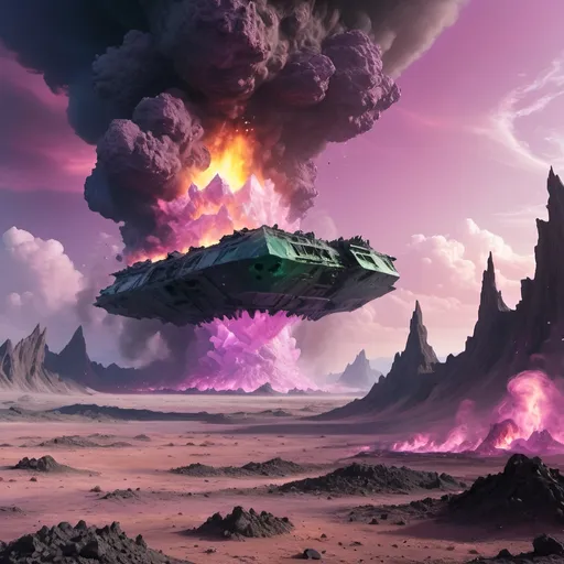 Prompt: Crater, crashed space frigate, burning debris, black smoke rising,
Yellow quartz desert, pink sky, swirling gray, green and blue clouds.
Distant mountains made entirely of amethyst crystal