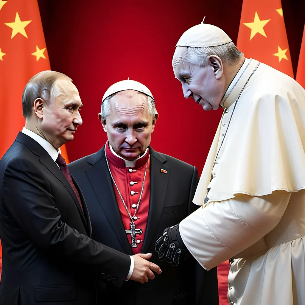 Prompt: Dark and gothic, a 'satan puppet' being controlled by a 'pope puppet', being controlled by a 'Vladimir Putin puppet', being controlled by Xi of China, who hold ALL THE STRINGS.