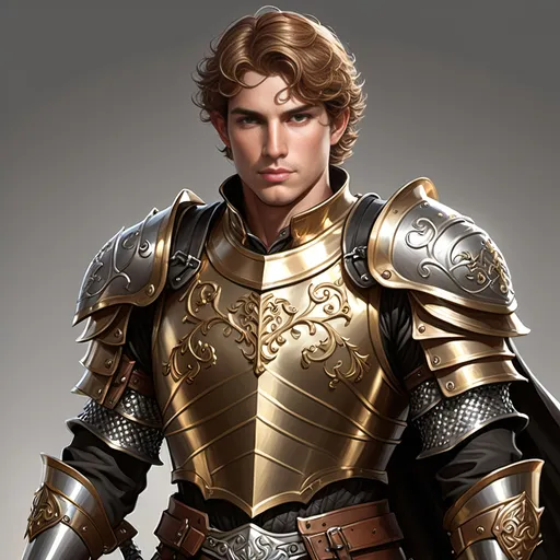 Prompt: [Armando the Golden]
Male paladin, (ultra-detailed) (ultra-realism), brown wavy short cropped hair, rosy cheeks, brown eyes, (bright silver steel breastplate) with (gold inlay and filigree), (shiny steel chainmail shirt), black boots with (sparkling shiny spurs), carrying a huge (double-ended war hammer), dramatic lighting, epic stance, medieval fantasy background, grand atmosphere, (HD quality) pompous, arrogant demeanor and stance, tall, 'broad like a barn', wide shoulders, built like a tank, iconoclastic narcissist.