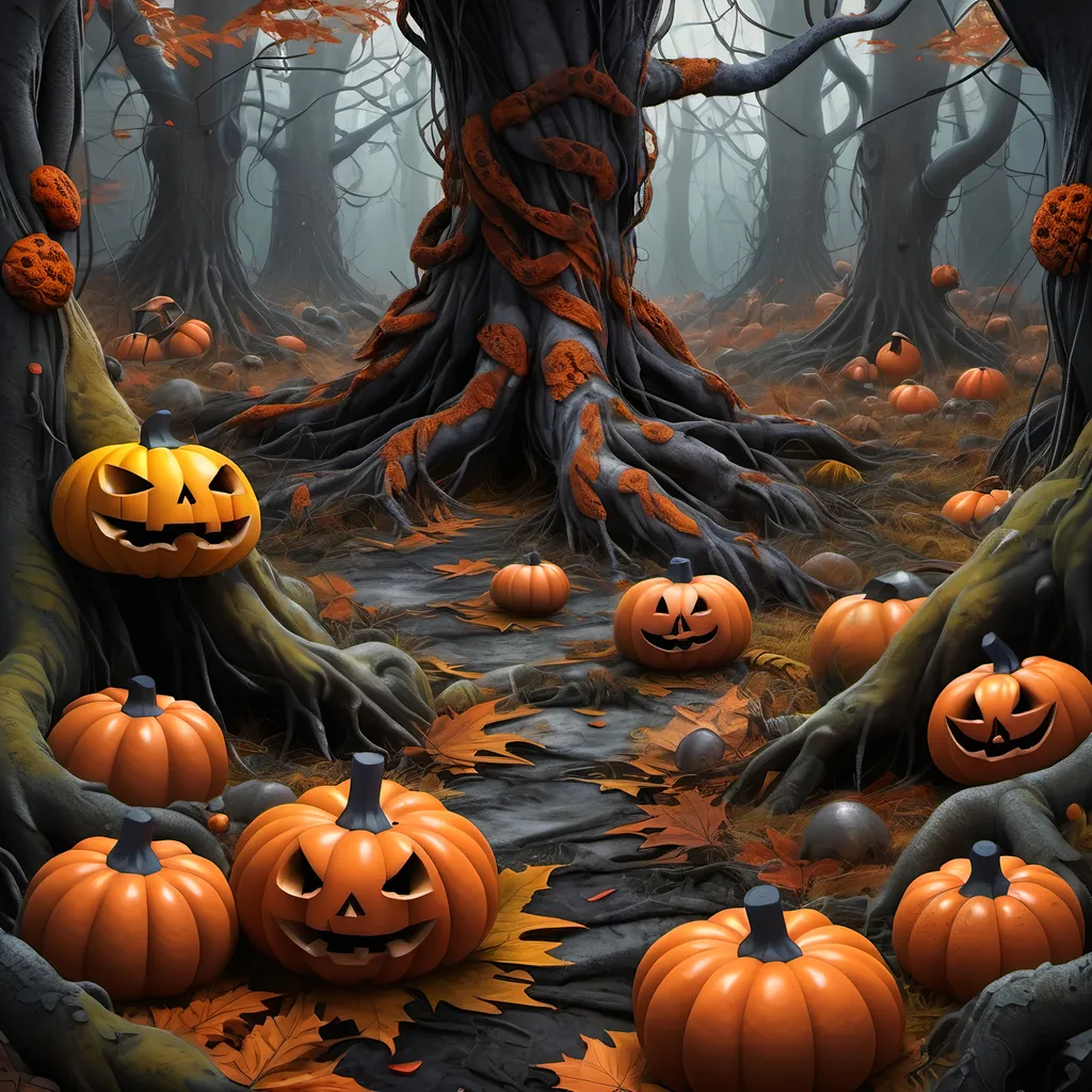 Prompt: Dark, gothic scary, foreboding, menacing, ominous, bright autumn foliage, carpet of brightly colored fallen foliage on the ground, in a twisted and gnarly original growth autumn forest, surrounded by twisted lichen covered roots and mushrooms and large scary pumpkins with mean faces, ultra detailed, high resolution, gritty realism, boxes of Girl Scout Cookies everywhere.