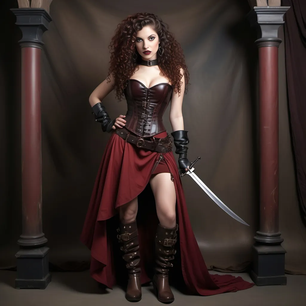 Prompt: Woman, Arab-Jewish-Latino, long, waist length dark red curly hair in ringlet curls, red leather corset and skirt, gothic, fantasy, black leather greaves gauntlets and boots, brown leather belt with pouches and satchels, daggers in belt and longsword, deep tan complexion and full red lips,