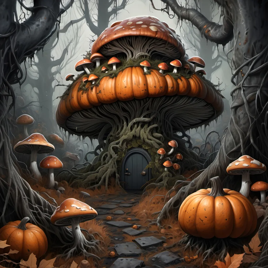 Prompt: Dark, gothic scary, foreboding, menacing, ominous, bright autumn foliage, in a twisted and gnarly original growth autumn forest, surrounded by twisted lichen covered roots and giant carnivorous mushrooms and large scary pumpkins with mean faces, ultra detailed, high resolution, gritty realism, boxes of Girl Scout Cookies everywhere.