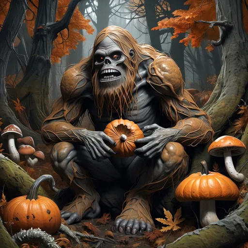 Prompt: Dark, gothic scary, foreboding, menacing, ominous, bright autumn foliage, happy Sasquatch gnawing on a large leg bone, in a twisted and gnarly original growth autumn forest, surrounded by twisted lichen covered roots and giant carnivorous mushrooms and large scary pumpkins with mean faces, ultra detailed, high resolution, gritty realism, boxes of Girl Scout Cookies everywhere!