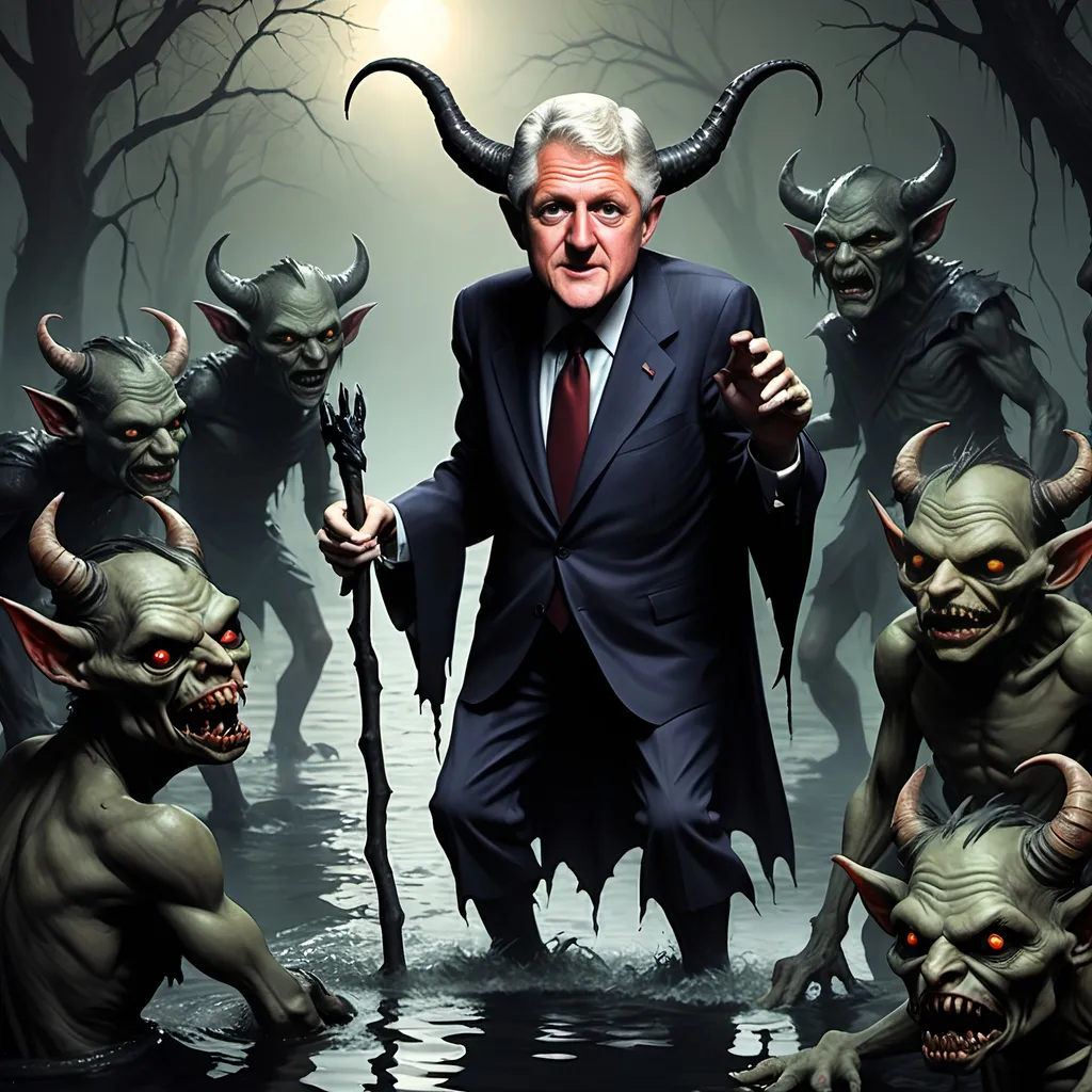 Prompt: River Styx, dark, infernal, gothic, ominous; minor Devil with horns and hooves who resembles Bill Clinton; has a chat with a goblins in ragged, ratty clothing who resembles Richard Nixon.