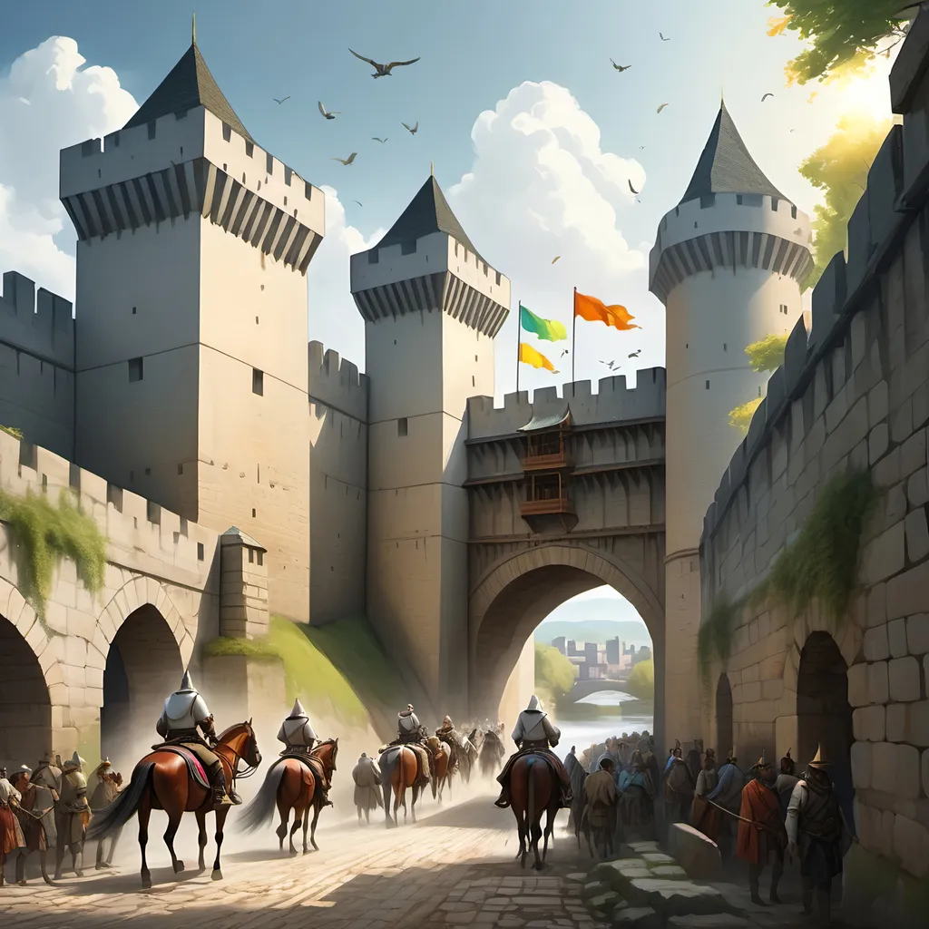 Prompt: A great walled city built of white stone next to a river, a towering fortress gate with an open door, daylight, bright sun shining, colorful banners suspended in the breeze flying from the top of the city walls, a dirt road leading up to the open gate in the city walls, with many men on horseback before it.