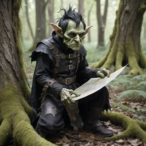 Prompt:  Fantasy, A goblin who resembles Richard Nixon on his knees begging for his life, with a wounded eye and holding up a map made of irregular leather hide with brown ink on it, dressed in ragged, tattered fantasy clothing and kneeling in original growth forest surrounded by huge twisted and gnarly trees with twisted gnarly lichen covered roots; with a black haired heroic gothic female person dressed in black standing over him and holding a sword to his throat