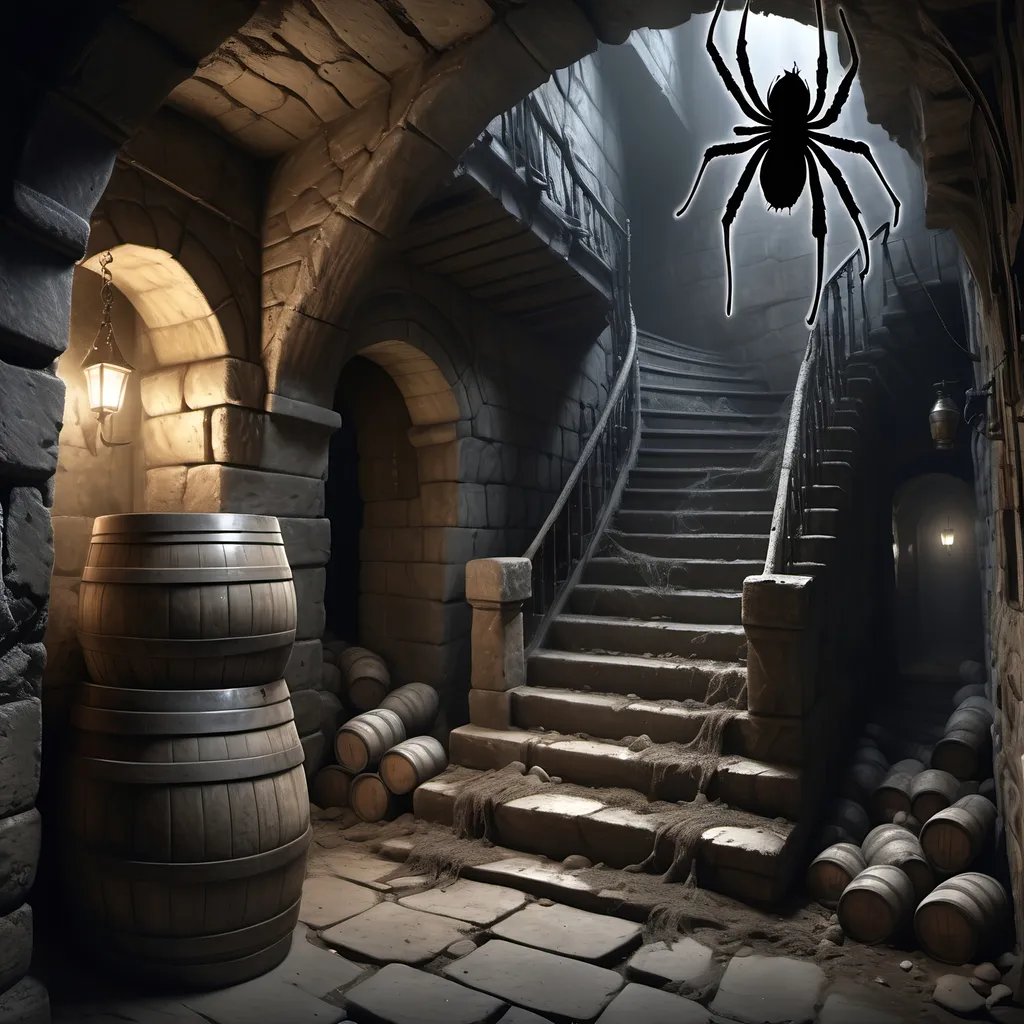 Prompt: Gothic, fantasy, dark, dark shadows, blackness, huge spider webs, ominous, menacing, abandoned, dirty narrow ancient stone stairwell covered in dust and cobwebs leading to a stone subcellar/dungeon filled with casks and kegs and debris, and one woman's shoe,
Ultra detail, ultra realism, high definition