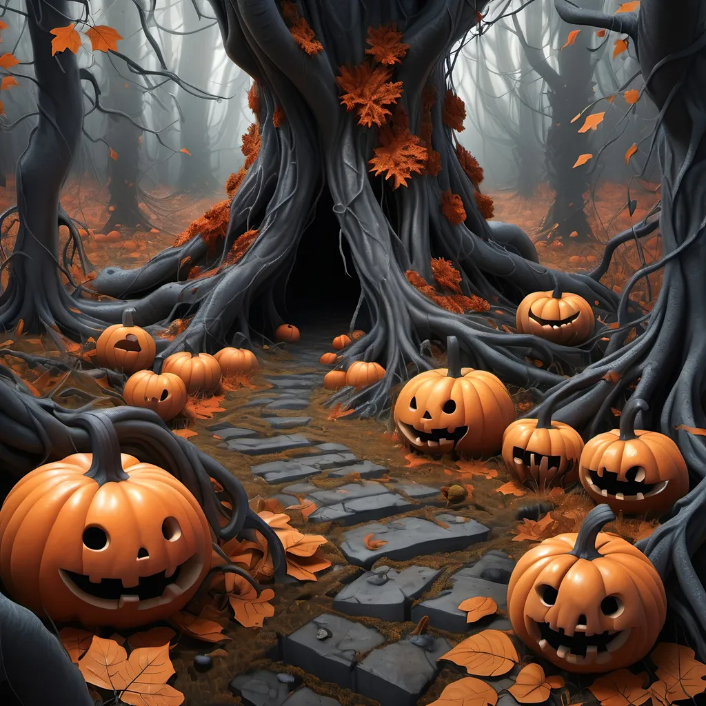 Prompt: Dark, gothic scary, foreboding, menacing, ominous, bright autumn foliage, carpet of brightly colored fallen foliage on the ground, in a twisted and gnarly original growth autumn forest, surrounded by twisted lichen covered roots and mushrooms and large scary pumpkins with mean faces, ultra detailed, high resolution, gritty realism, boxes of Girl Scout Cookies everywhere.