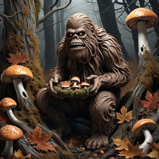 Prompt: Dark, gothic scary, foreboding, menacing, ominous, bright autumn foliage, happy Sasquatch gnawing on a large bone in a twisted and gnarly original growth autumn forest, surrounded by twisted lichen covered roots and giant carnivorous mushrooms with mean faces, ultra detailed, high resolution, gritty realism, boxes of Girl Scout Cookies everywhere!