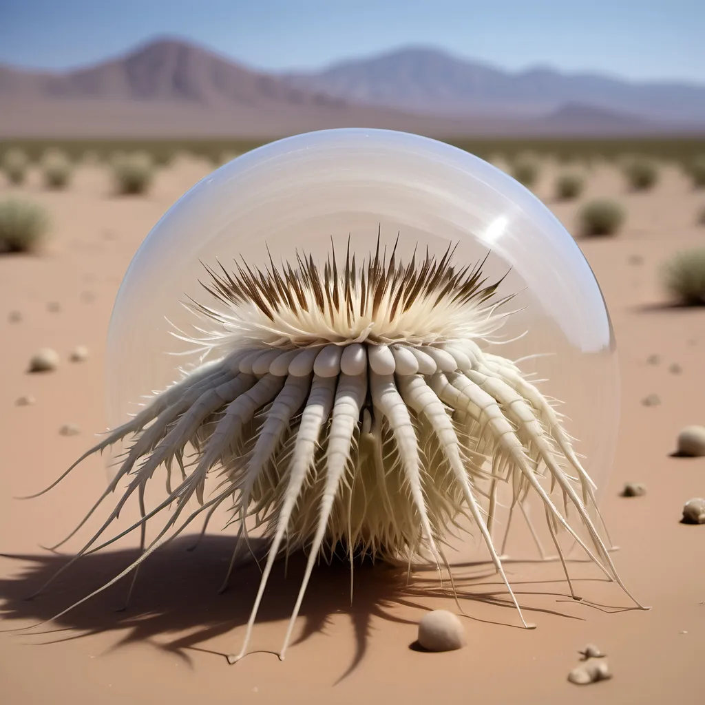 Prompt: Barren desert crawling with countless large hundred limbed insects which resemble spherical anemones, that are rolling and tumbling across the flat parched desert in search of prey, like sentient tumbleweeds, with very small circular bodies with a central toothed orifice surrounded by hundreds of long legs which all terminate it sharp points, like an ambulate sentient thistle, that uses it's thousands of long pointy legs to puncture, gorging on the blood and fluids of its prey.
Hundred eyes and thousands of legs.
Dark skies.