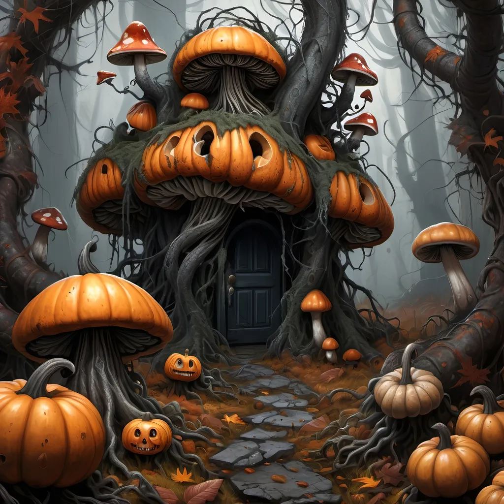 Prompt: Dark, gothic scary, foreboding, menacing, ominous, bright autumn foliage, in a twisted and gnarly original growth autumn forest, surrounded by twisted lichen covered roots and giant carnivorous mushrooms and large scary pumpkins with mean faces, ultra detailed, high resolution, gritty realism, boxes of Girl Scout Cookies everywhere.