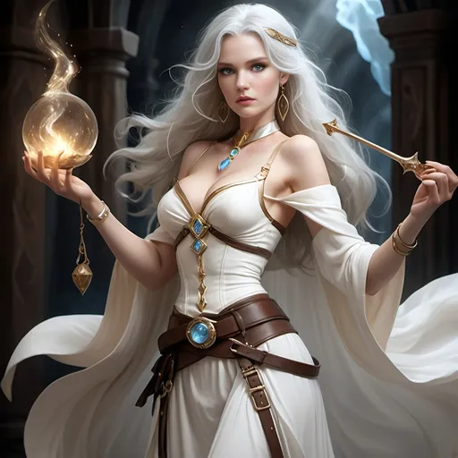 Prompt: [ Eve the Sorceress ]
Woman, female human, ageless beauty, silver hair, sorceress, delicate features, pale skin like fine porcelain, simple gold jewelry, flowing white gown, white cotton corset, intense radiant ice blue eyes, brown belt, brown pouches on belt, brown satchel, magic wand in belt, gold rings on her fingers and gold bangles on her arms, brown boots with black leather greaves, gothic, fantasy, mysterious, mystical, magical, ultra detail, ultra realism, high definition,  has a white albino ferret familiar and an albino fox, medieval tavern with stone walls in background,