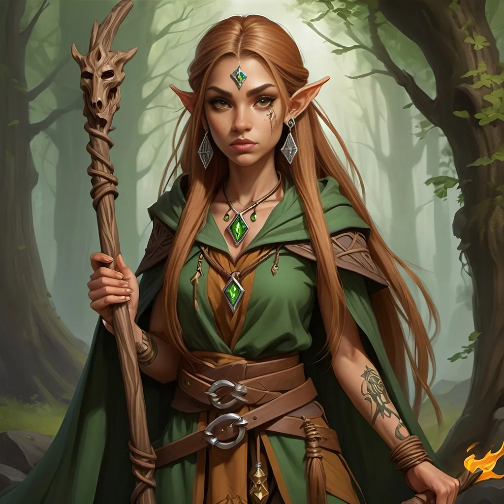 Prompt: [ Claudia ]
Woman, female half elf, sorceress, ruddy medium complexion, light brown long straight hair, bound with multiple clasps in a really long pony tail; jewelry, earrings, tattoos of sacred runes, golden brown eyes, holding gnarled staff of bleached wood with a gem set into the top, leaf green cloak and hood, brown belt and pouches, brown boots, dagger and wand secured to belt, tan leather corset, highest resolution, gothic, fantasy, ultra detail, ultra realism, giving a lecture in a dark medieval Taverne.