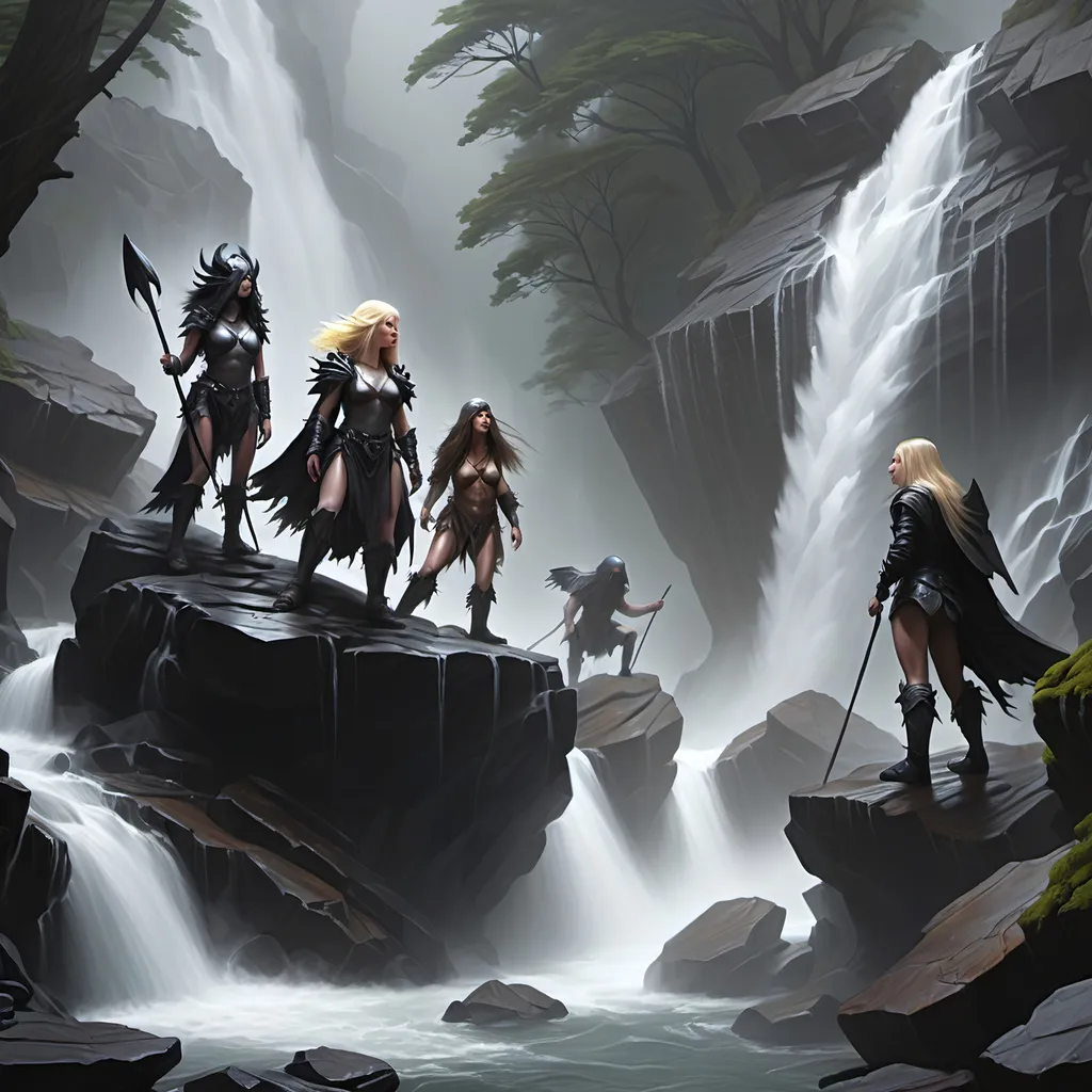 Prompt: Top of a misty torrential waterfall looking down  a rugged, rocky cliff into a turbulent pool of rocks, mist and spray. Dark, gnarly original growth hemlock trees.
A blonde human female in chainmail and a horned helmet, a raven haired human female clad in black, a male halfling, a female halfling, a brown haired female half elf, and a goblin, are all climbing the rocks.
As they climb to the top of the waterfall, the goblin falls and is lost in the mist and water below.