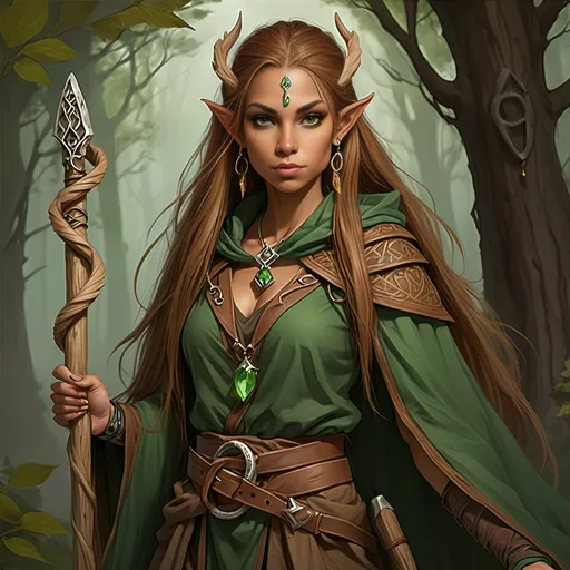 Prompt: [ Claudia ]
Woman, female half elf, sorceress, ruddy medium complexion, light brown long straight hair, bound with multiple clasps in a really long pony tail; jewelry, earrings, tattoos of sacred runes, golden brown eyes, holding gnarled staff of bleached wood with a gem set into the top, leaf green cloak and hood, brown belt and pouches, brown boots, dagger and wand secured to belt, tan leather corset, highest resolution, gothic, fantasy, ultra detail, ultra realism, giving a lecture in a dark medieval Taverne.