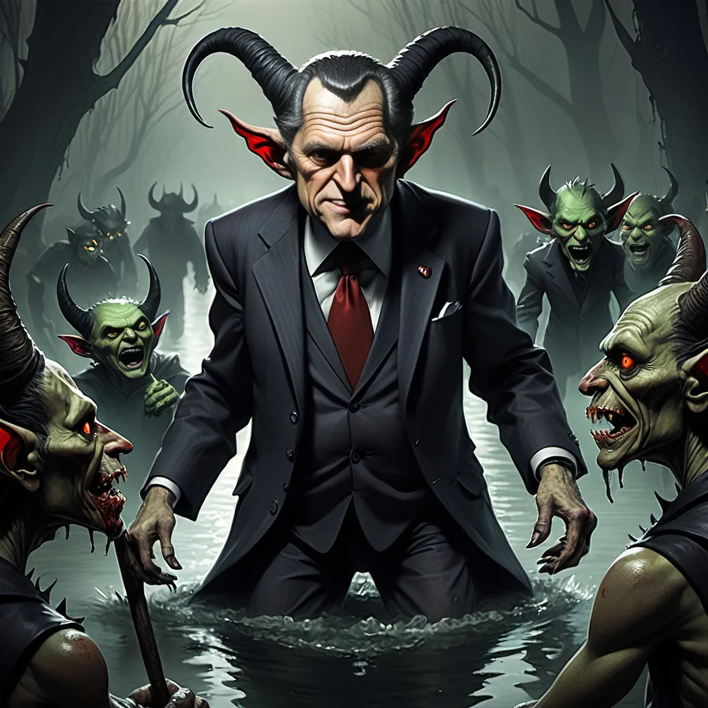 Prompt: River Styx, dark, infernal, gothic, ominous; minor Devil with horns and hooves who resembles Bill Clinton; has a chat with a goblins in ragged, ratty clothing who resembles Richard Nixon.