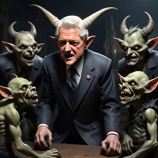 Prompt: River Styx, dark, infernal, gothic, ominous; minor Devil with horns and hooves who resembles Bill Clinton; has a chat with a goblins in ragged, ratty clothing who resembles Richard Nixon.
Ultra detail, ultra realistic.