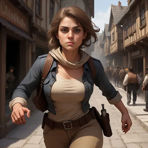 Prompt: [Jena the waif, or rogue]
Running from fat town constable,
Female HUMAN, thief, pickpocket, rogue, wee petite, delicate features, ruddy tan complexion, high brow, prominent widows peak, sandy brown shoulder length hair, hazel eyes, prominent but effeminate chin, drab ragged layers of clothing, very inconspicuous, disarming presence, hidden daggers in clothing, minimal jewelry, arm bangles, ornamental stone necklace charm, young, tomboyish, rugged, cute, ornery, fey demeanor, lucky and confident, dark, gothic, fantasy, ultra detail, ultra realism