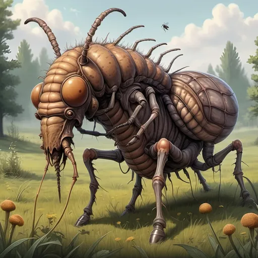 Prompt: In a meadow, a giant mutated monstrous frightful bloated dirty brown-gray insect larva larger than a man, with a huge sword like proboscis, feeds on a horse carcass,