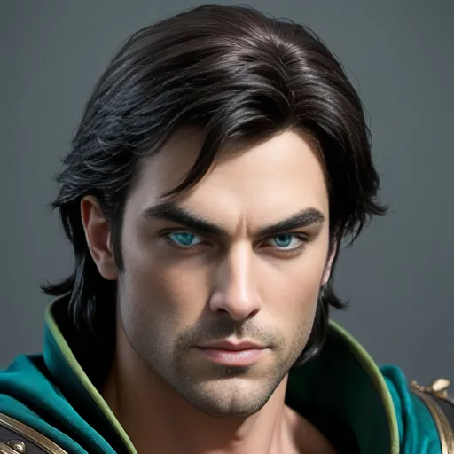 Prompt: [ Derek the Brown or Derek from Towne]
Chevalier, dark hair, pale complected, blue eyes; dressed in green, teal, and black; slight but well muscled, tall, bow & quiver on his back, piercing, attentive eyes, ultra detailed, ultra realism, darkly heroic.
(Resembles Neil Diamond)