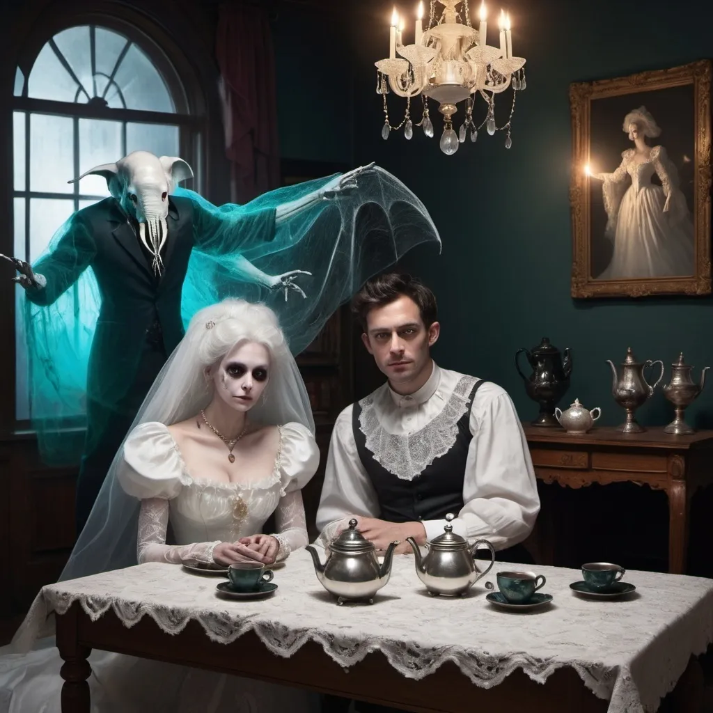 Prompt: A male ghost/demon sitting on the left side of a n antique table, holding his heart in his hand which shines brightly and illuminates the room, wearing a white baggy Elizabethan era blouse, and sitting next to him is a woman ghost/demon with obsidian horns coming out of her forehead and wearing an antique dress with a white frilled collar and pearl necklaces down the front of her ruffled teal satin dress.
There is a tea kettle shaped like a silver elephant between them resting on a lace doilies, flanked by two silver tea cups on saucers, also resting on doilies, beneath the table are cobwebs and spider webs, with various pairs of glowing eyes peering at the viewer from behind the spider webs. Behind the man and woman and in between them is a transparent ghost of a woman and above them dangling from the ceiling are two bare feet, with the right foot partially covered by a sock 