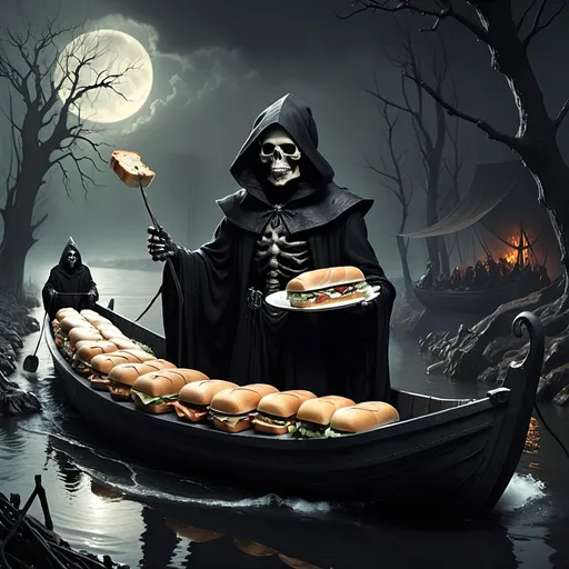 Prompt: (Dark, gothic, infernal, River Styx, Hades;) (Charon, skeletal boat master in a black robe with hood, of the river Styx); escorts a (goblin dressed in ragged dirty clothing who resembles Richard Nixon), to meet with his master on the lower planes, Charon is eating an awesome sandwich that his wife made for him for lunch, and offers a sandwich to the goblin in ratty ragged clothing who resembles Richard Nixon.
Scary, high resolution, ultra detailed, menacing, foreboding, ominous,