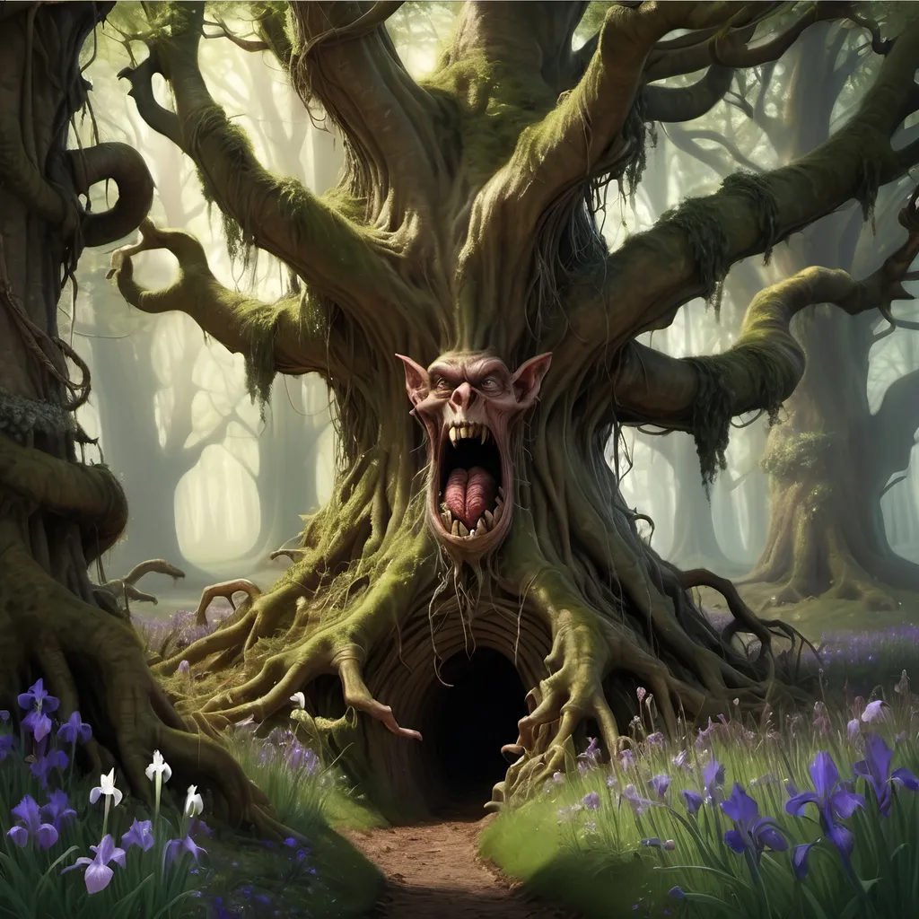 Prompt: Original growth forest, tangled, gnarly, colossal trees, goblin in ragged, ratty clothing, begging for his life!
FELL BURGUNDY IRIS or MOSES CLEAVELAND'S CANTERBURY TALES, page 25!

When faced with the knife 
He pled for his life
And offered to share in his treasure!
He rose with some measure
Yet not out of leisure
Of business and not out of pleasure!

"My life which I treasure
To THIS does not measure!"
(Holding a thing from his pack!)
"Of riches of yore
Of such I abhore
What tattered and leathery scrap?"

What verse did he sing 
As he flaunted his thing
With marks to be held as significant?
What relevance to 'bide
This tattered old hide
Was meaning implied more than figurative?

"A fishwrap it be? 
 Of loins, not to see?"
"Perhaps, but view closer still
For upon this old scrap
There be but a map
To an ancient and treacherous hill!"

Uttered his visage
Through bloody vile grimace
More so, as his socket ran red!
A rogue to the end
Muck's feasance I'd lend
And I could have stayed home and in bed!

Thought Fred as he listened
To the monody of Izzurd
A 'showman' - but to pander a dead horse?
For to buy I would gather
Was horse far too lathered
Or riddled was it with worms 'yond recourse?

A 'song and a dance'
But mere happenstance
Or had Izzurd a genuine item?
The meat does taste good
Know well and I should
The only good reason to buy them!

"What sausage I'd wager
But your life's still in danger
If the 'horse' still has kick, I'll consider!
Kitanjia, do bind him
Lest he sprout extra eyes
For worms I'll bet fester his withers!

Now climb to the top
Don't slip on the rocks
The ascent, 'twould be treachery enough!
Be foolish you may
But you will die today
We'll camp at the top of the bluff!"

#art #love #fairytale #satire #arttimothyburkepoet #beautifulmorning #aiartcommunity #AI #aiart #poetry #poetrycommunity #poetrylovers #poetryisnotdead #poetryofinstagram