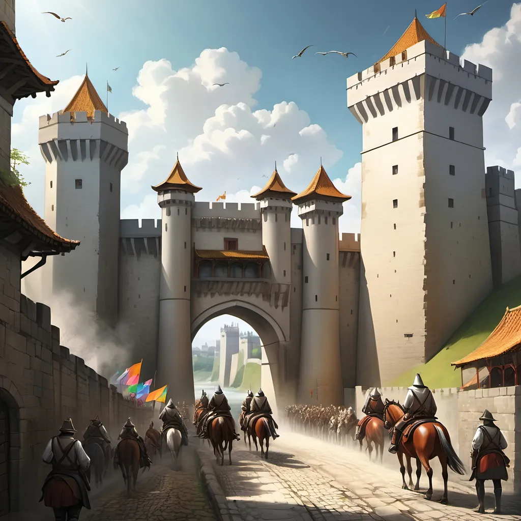 Prompt: A great walled city built of white stone next to a river, a towering fortress gate with an open door, daylight, bright sun shining, colorful banners suspended in the breeze flying from the top of the city walls, a dirt road leading up to the open gate in the city walls, with many men on horseback before it.