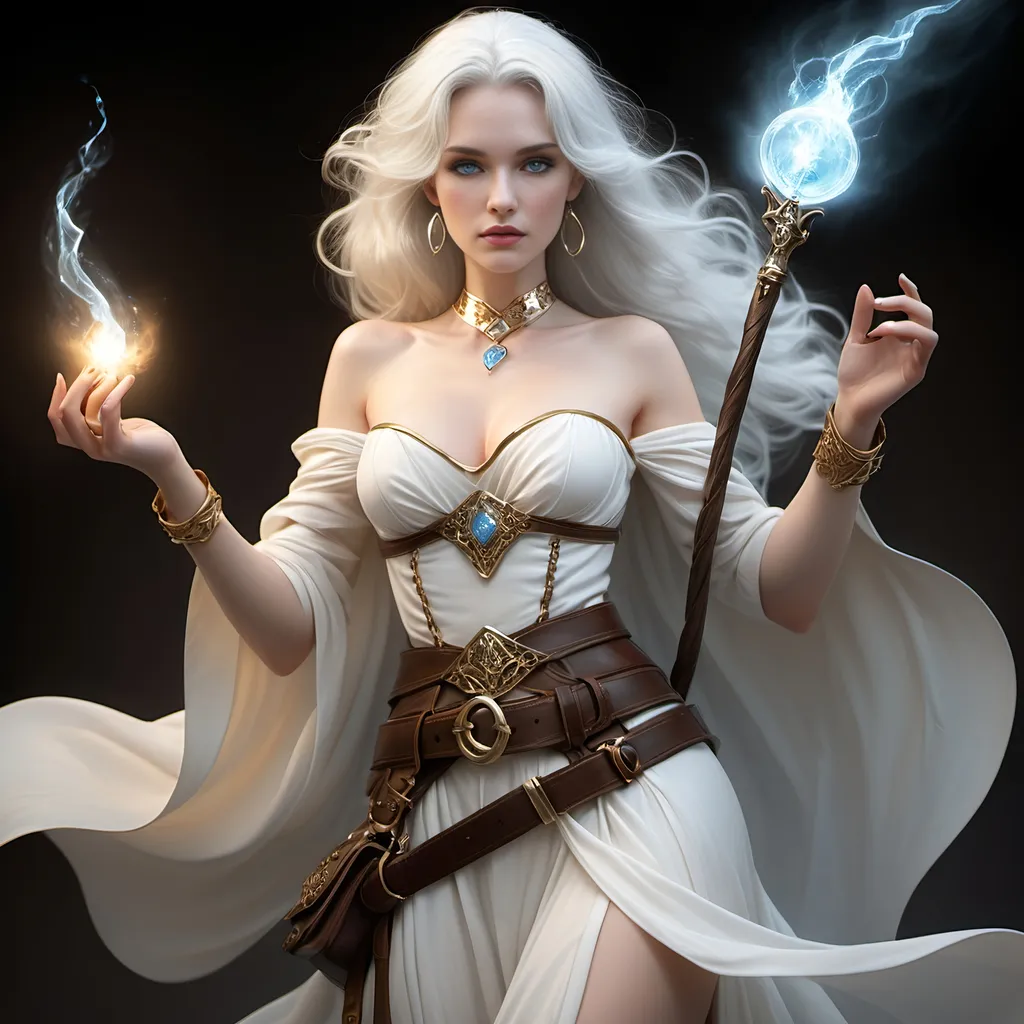 Prompt: [ Eve the Sorceress ]
Woman, female human, ageless beauty, silver hair, sorceress, delicate features, pale skin like fine porcelain, simple gold jewelry, flowing white gown, white cotton corset, intense radiant ice blue eyes, brown belt, brown pouches on belt, brown satchel, magic wand in belt, gold rings on her fingers and gold bangles on her arms, brown boots with black leather greaves, gothic, fantasy, mysterious, mystical, magical, ultra detail, ultra realism, high definition,  has a white albino ferret familiar and an albino fox, medieval tavern with stone walls in background,