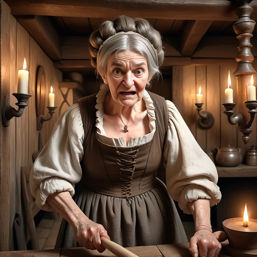 Prompt: Elderly woman, toothless, menacing, dressed in ragged peasant clothing, serving wench, gray hair in a bun on top of her head, grimacing and holding a wooden rolling pin in a threatening manner; inside an English Tudor style Inn, candle chandeliers and wall sconces, rustic wood paneling, ultra realistic, ultra detailed, highest resolution.