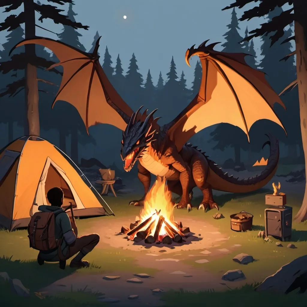 Prompt: dim, shadows, dark, dusk, campsite with campfire going, a  brown colored wyvern attacks the campsite