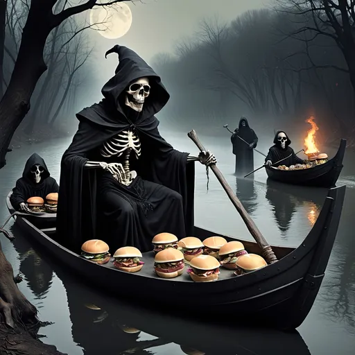 Prompt: (Dark, gothic, infernal, River Styx, Hades;) (Charon, skeletal boat master in a black robe with hood, of the river Styx); escorts a (goblin dressed in ragged dirty clothing who resembles Richard Nixon), to meet with his master on the lower planes, Charon is eating an awesome sandwich that his wife made for him for lunch, and offers a sandwich to the goblin in ratty ragged clothing who resembles Richard Nixon.
Scary, high resolution, ultra detailed, menacing, foreboding, ominous,