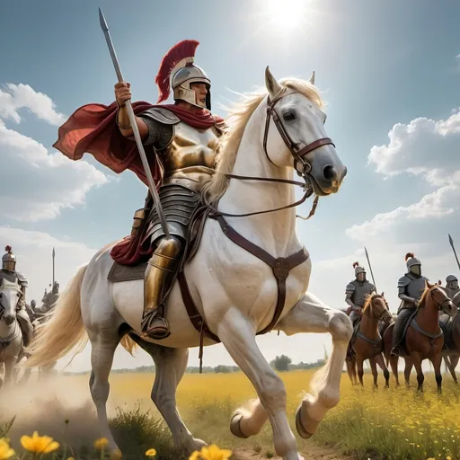 Prompt: General Moses Cleaveland (as an ancient Greek General), wearing (bronze armor) with a (brush top helmet), majestically riding a (white horse), leading a (column of infantry) carrying (swords, spears, shields). Surrounding a (flowering meadow), with (clouds of dust) kicked up from the march, bathed in (afternoon sunshine), creating a vibrant and dramatic scene. The image should be (4K), capturing high detail and cinematic quality.