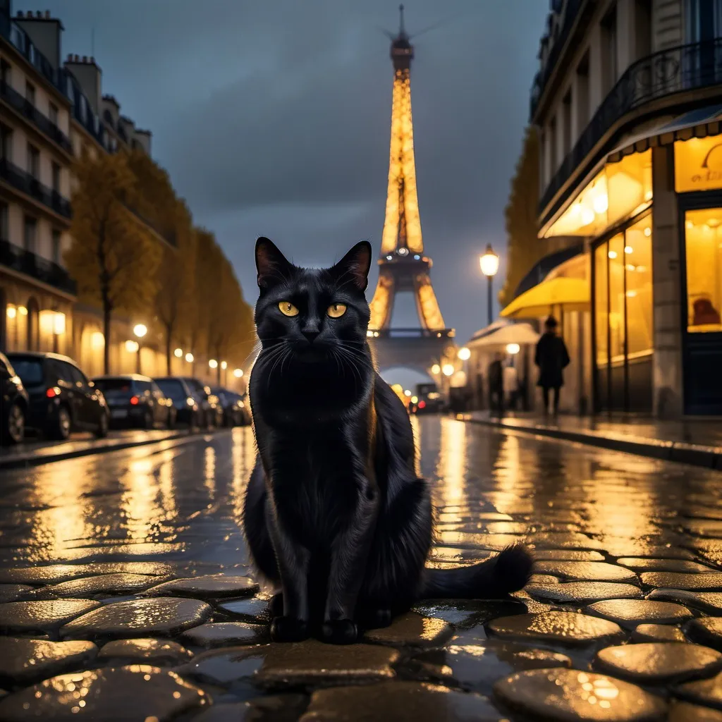 Prompt: A moody nighttime scene in Paris: A sleek black cat sits gracefully on a wet cobblestone street, its fur glistening from the rain. Behind it, the illuminated Eiffel Tower pierces the dark, cloudy sky. Raindrops create rippling reflections of warm yellow streetlights on the glistening pavement. The misty atmosphere adds a dreamy quality, with the cat's silhouette contrasting against the soft, bokeh lights of Parisian cafes in the background. Small puddles mirror the iconic tower's golden glow, while gentle rain continues to fall, creating a romantic and melancholic ambiance.
