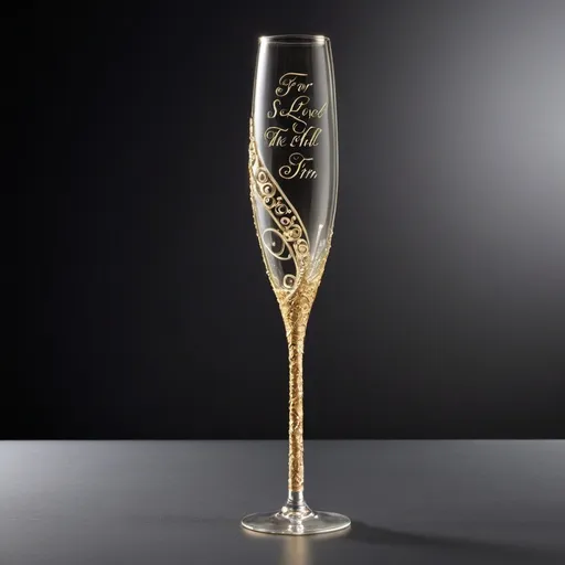 Prompt: Champagne Flute:Description: A tall, narrow glass designed to preserve the bubbles in champagne. The quote "For God so loved the world that he gave his one and only Son, that whoever believes in him shall not perish but have eternal life." spirals up the slender body of the flute, creating an elegant, flowing effect with the gold cursive font.
