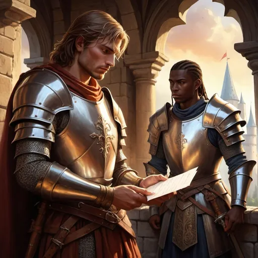 Prompt: Fantasy illustration of a conflicted David sending loyal Uriah with a sealed letter, medieval fantasy setting, dramatic lighting with warm hues, detailed armor and garments, intricate castle in the background, intense expressions, magical elements, high quality, fantasy, medieval, conflicted expression, loyal servant, dramatic lighting, detailed armor, intricate castle, magical elements