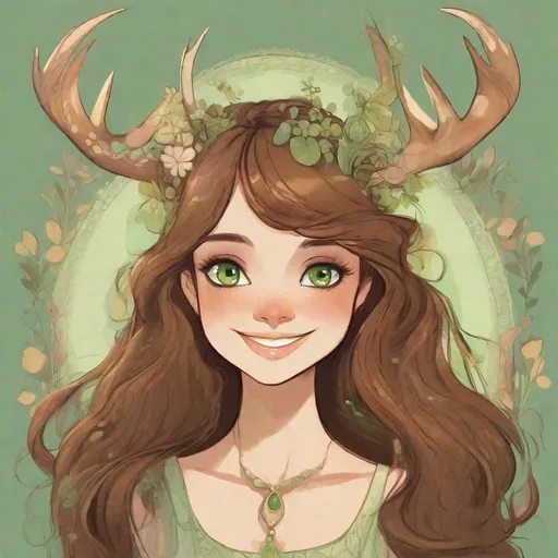 Prompt: Whimsical lady smiling, long  brown  hair, big round green eyes, wide face,  small nose , antlers