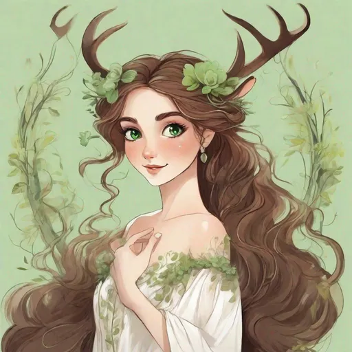 Prompt: Whimsical lady smiling  with long  brown  hair, big round green eyes, wide face beautiful white dress, antlers