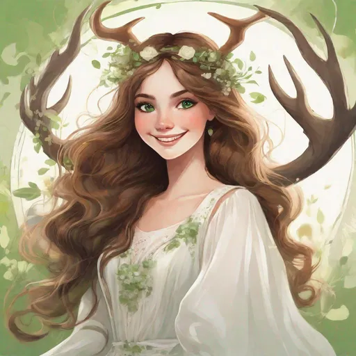 Prompt: Whimsical lady smiling  with long  brown  hair, big round green eyes, wide face,  beautiful white dress, antlers